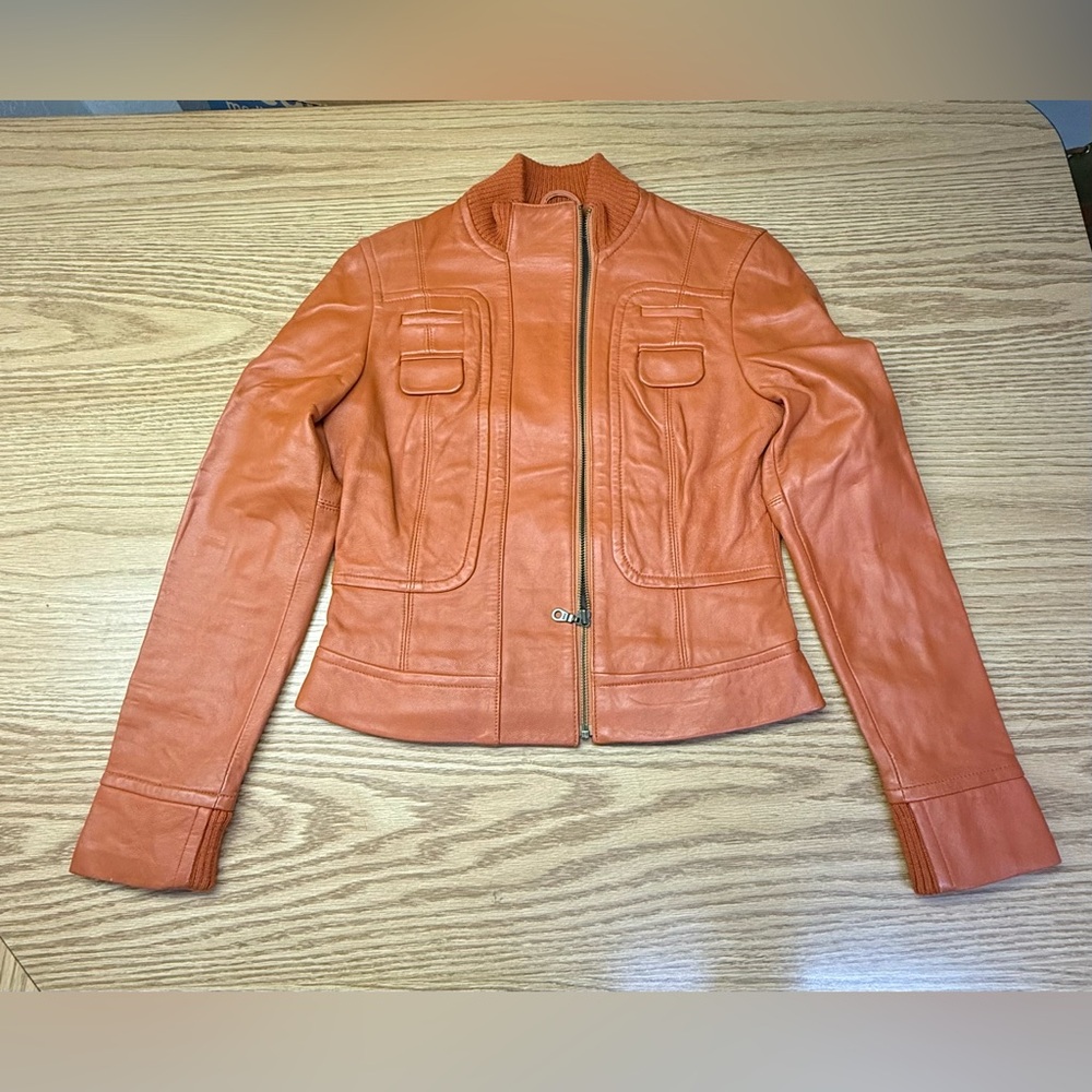 Cache Women's Burnt Orange Leather Jacket with knit trim
